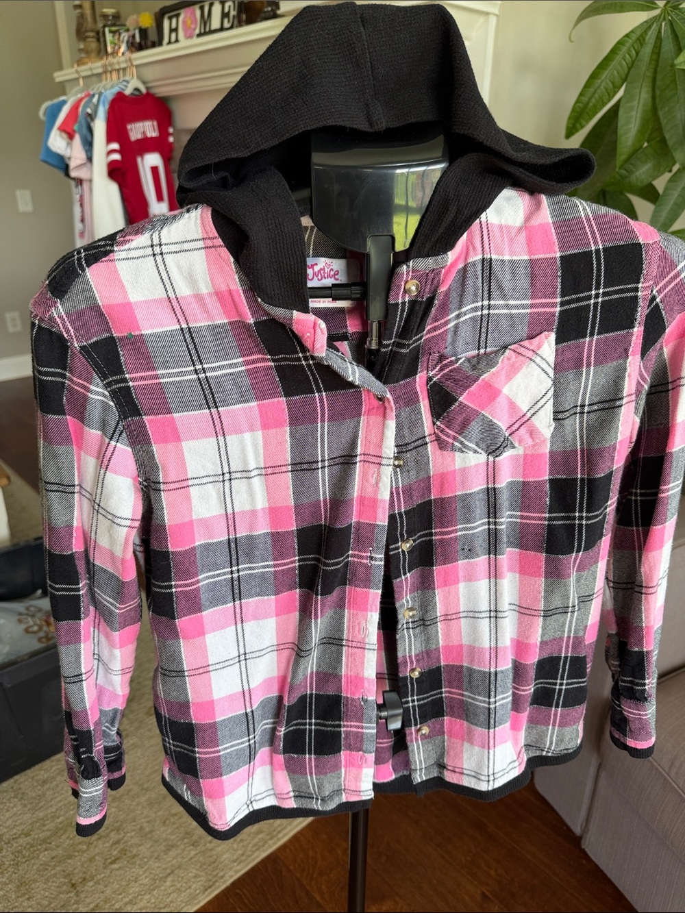 Justice Pink Black White Plaid Hooded Flannel Jacket